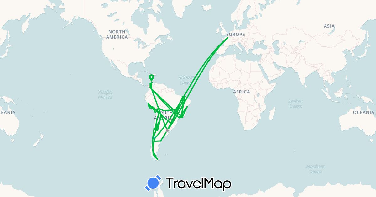 TravelMap itinerary: bus, plane, boat in Argentina, Bolivia, Brazil, Chile, Colombia, France, Peru (Europe, South America)